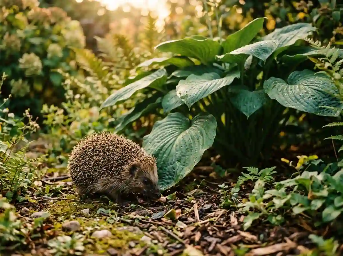 A cute wild hedgehog foraging in a lush garden at dusk.