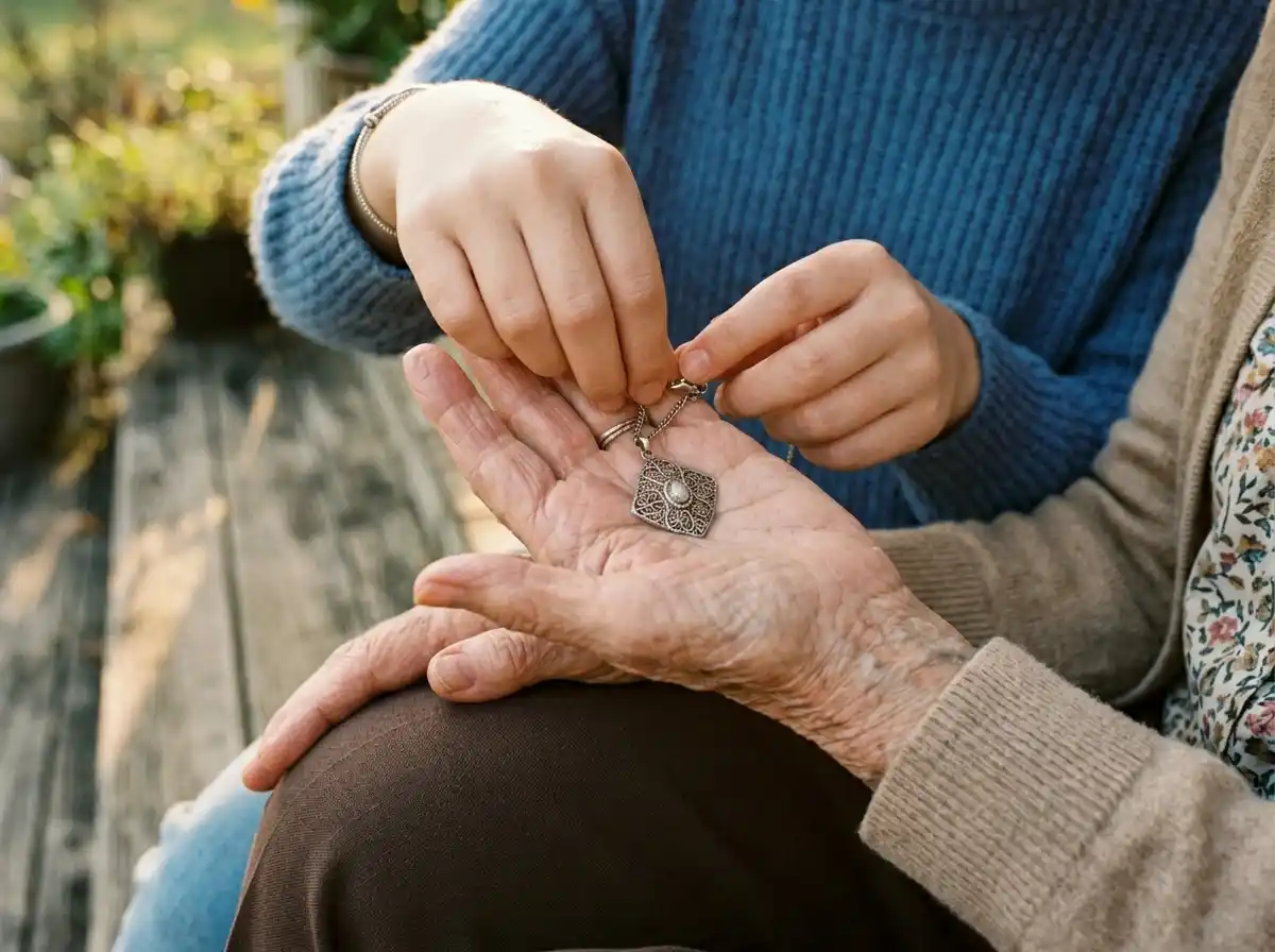 A close up of a delicate vintage silver necklace placed in an older woman's hand