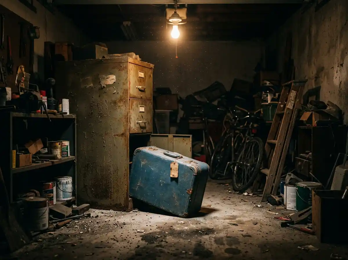 A small, dusty blue suitcase hidden behind a filing cabinet in a dark garage
