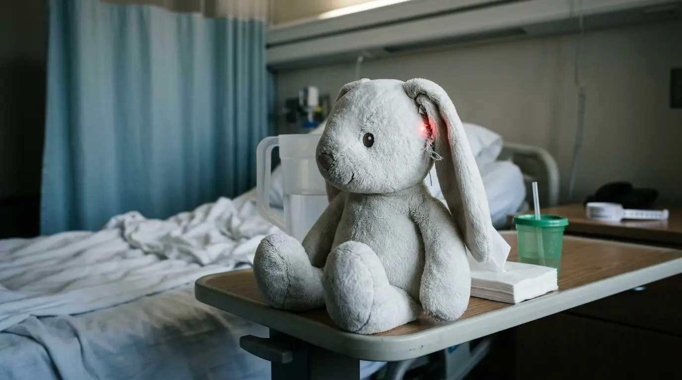 A close up of a stuffed rabbit with a tiny glowing red camera lens hidden in it