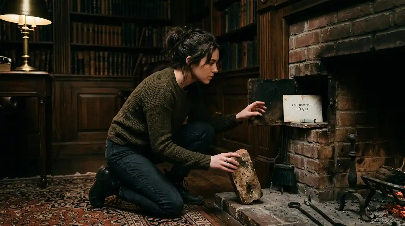 Harper finding the hidden brick and USB drive in the dark study