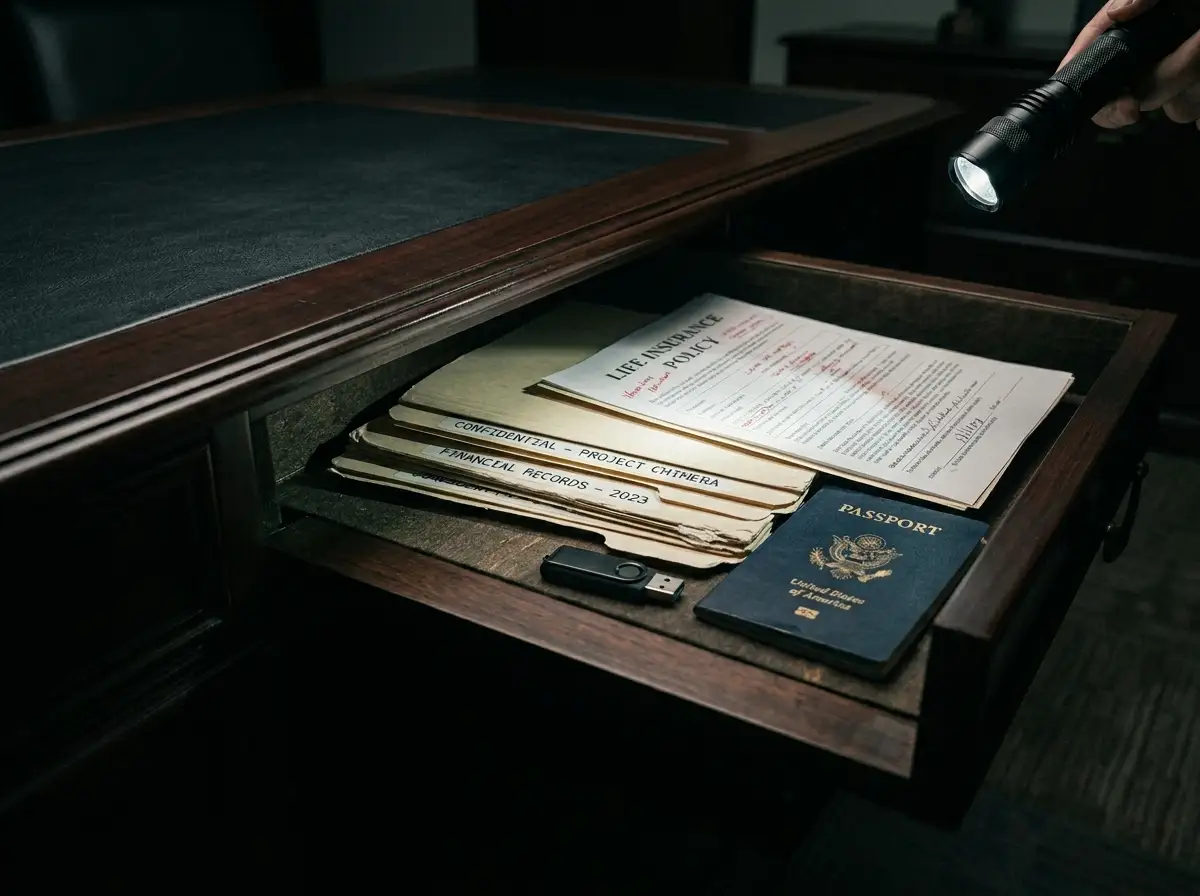 Hidden compartment in a desk revealing folders and documents