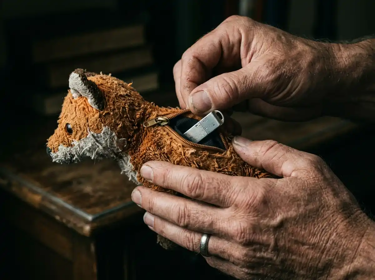 A tiny zipper on a stuffed fox revealing a hidden silver flash drive.
