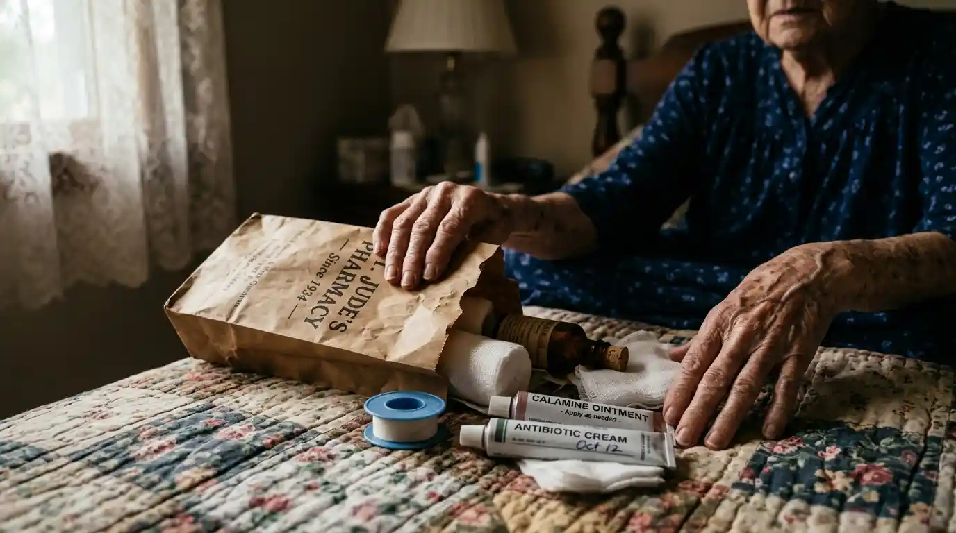 Eleanor holding a vintage pharmacy bag full of medical supplies on her bed
