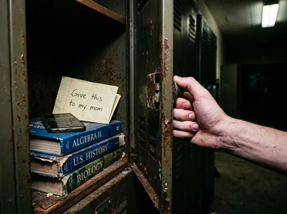 An old smartphone and a handwritten note reading 'Give this to my mom' inside a school locker