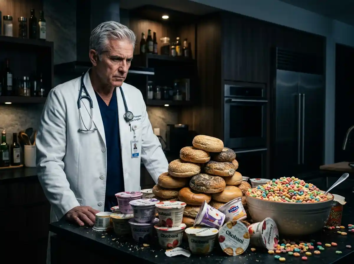 Heart surgeon looking concerned at a kitchen counter full of bagels, yogurt, and cereal
