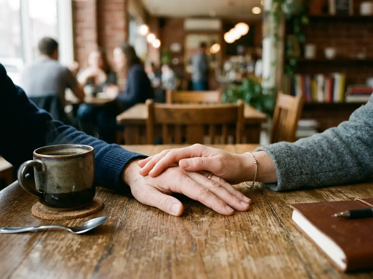 Two hands gently holding each other on a table in a warm setting