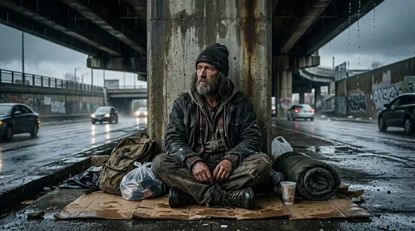 Homeless man sitting alone under a gloomy concrete overpass