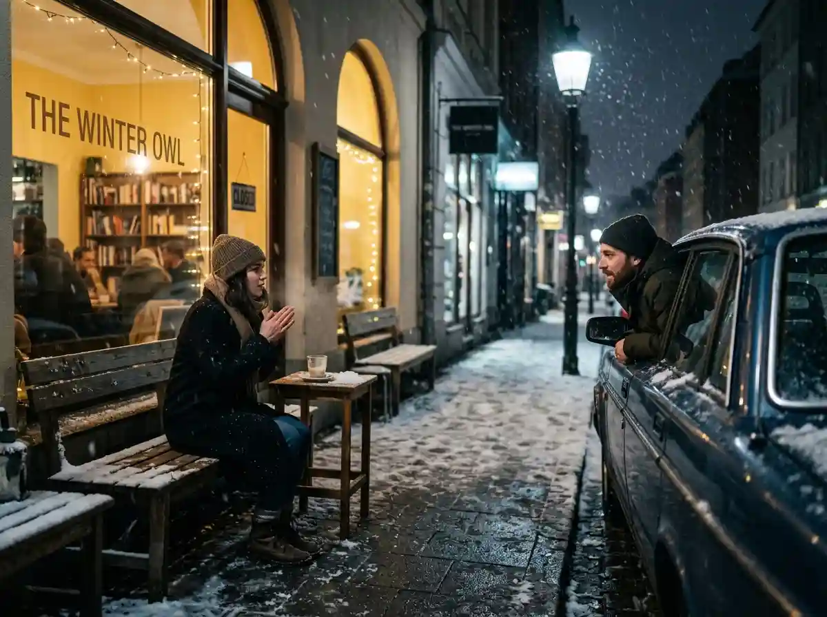 A young woman sitting in the freezing cold outside a cafe while a man in a car talks to her.