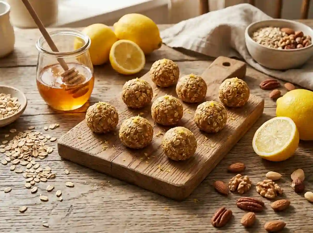 Rustic kitchen counter with honey lemon energy bites, raw oats, lemons, and honey