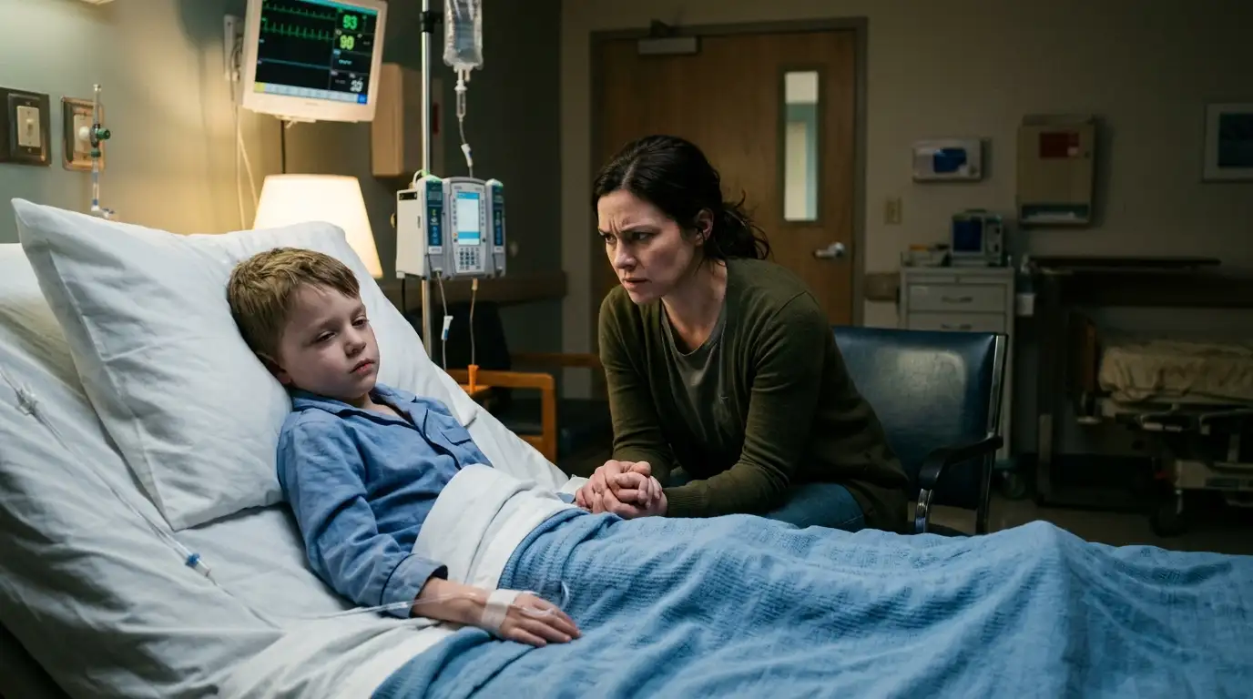 A woman holding the hand of a sick little boy lying in a hospital bed