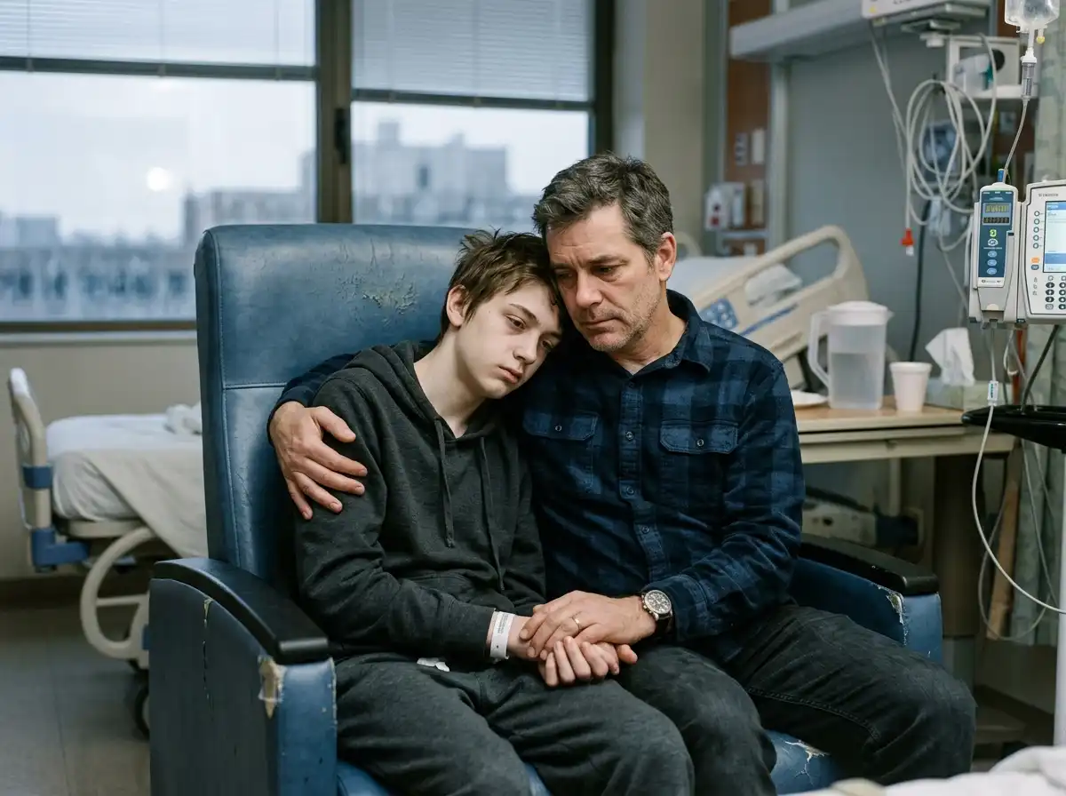 A father and son sitting in a dimly lit hospital room