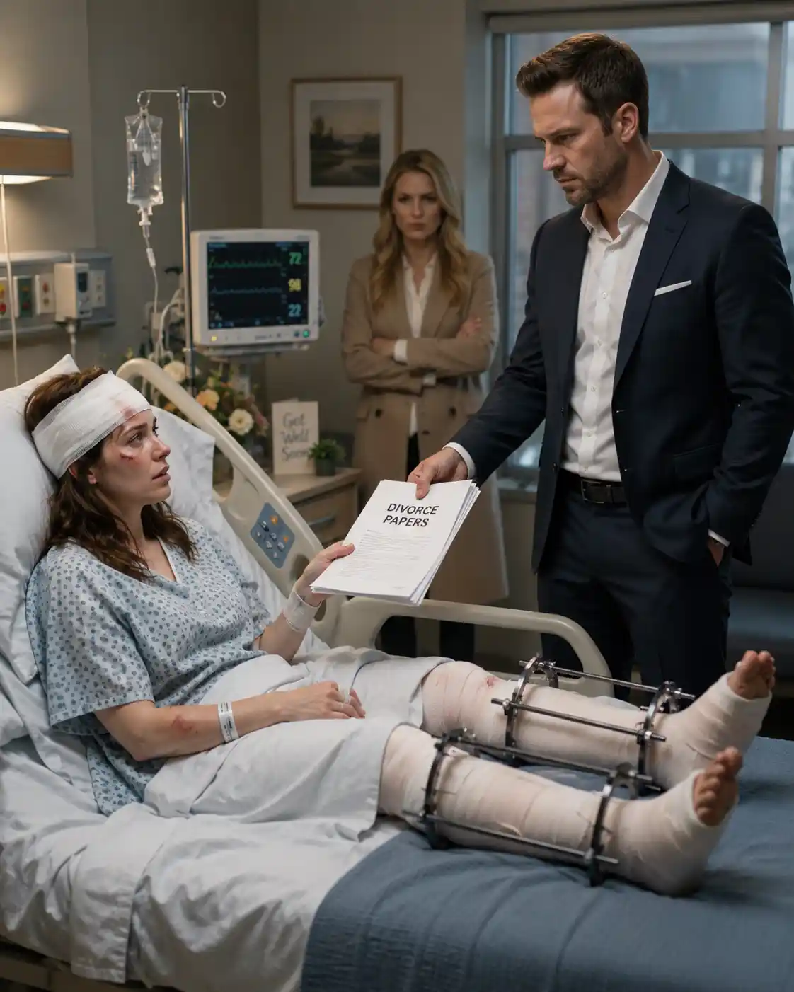 A cold husband handing divorce papers to his injured wife in a hospital bed