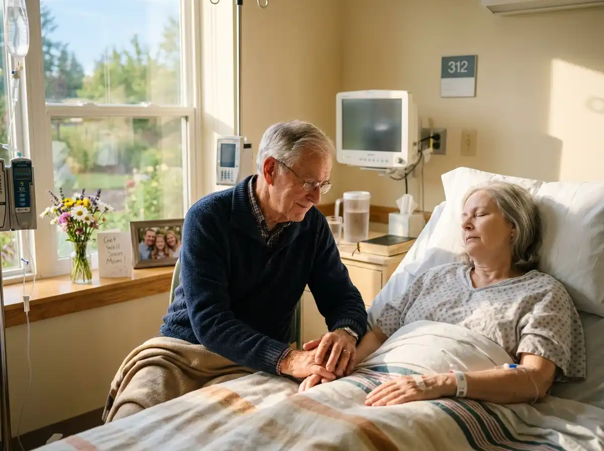 An older man holding a patient's hand in a bright, sunlit hospital room.