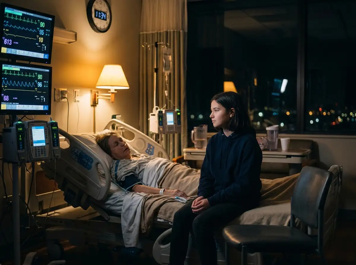 A young girl sitting quietly in a dimly lit hospital room beside a bed
