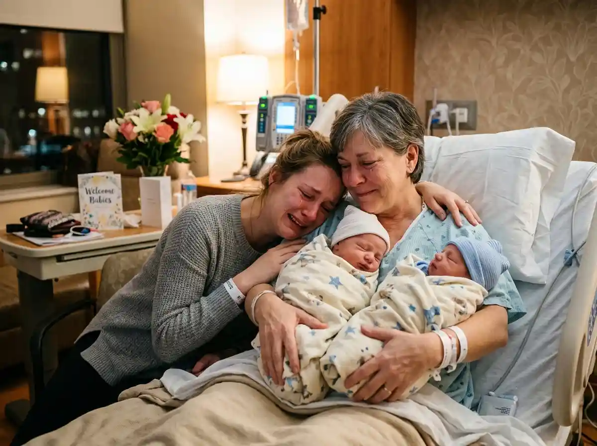 Emotional hospital scene where a grandmother holds her newborn twins as her daughter cries on her shoulder.