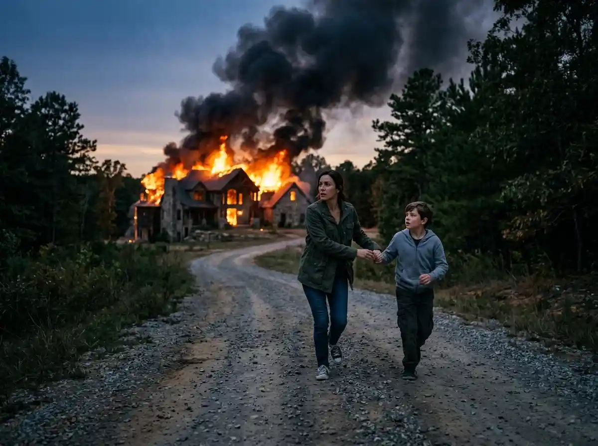 Woman and boy looking back at a burning house in the distance