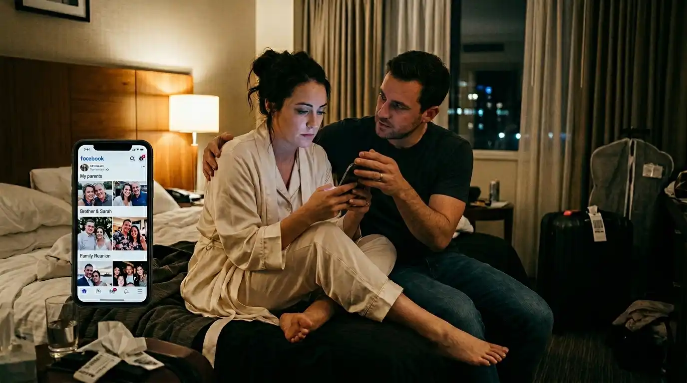 A groom gently taking a phone away from his devastated bride in a hotel room