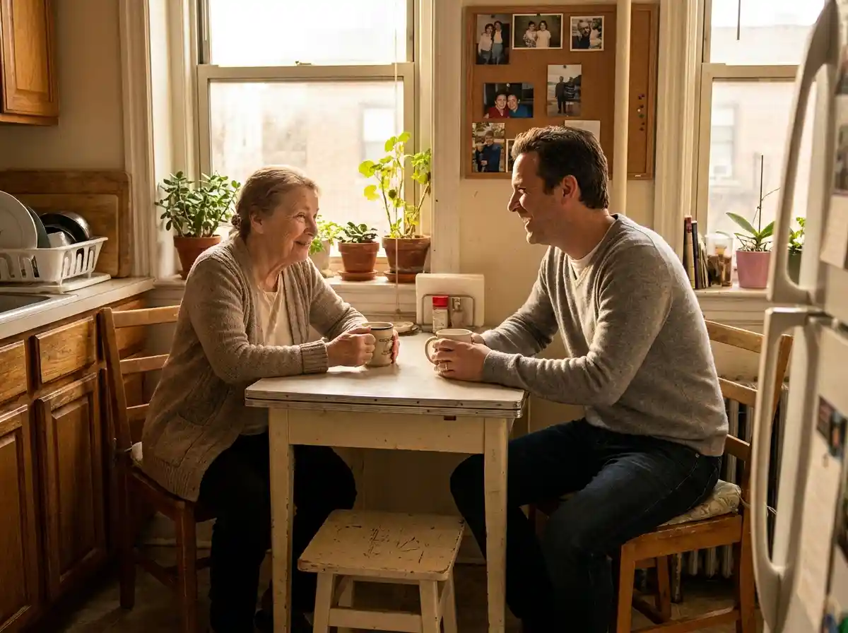 A wealthy man and an older woman sitting at a modest kitchen table drinking tea and smiling