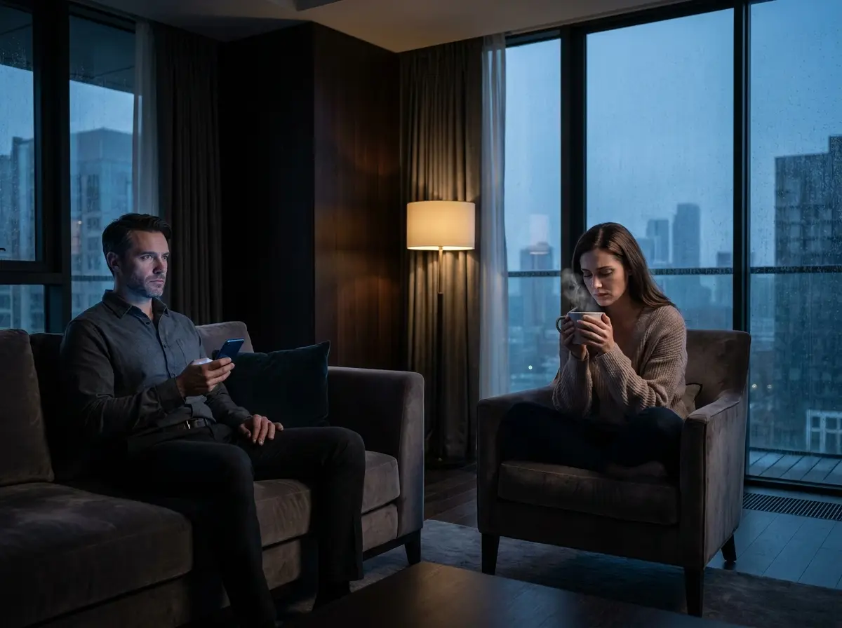 A wealthy man scrolling on his phone while his wife looks down sadly