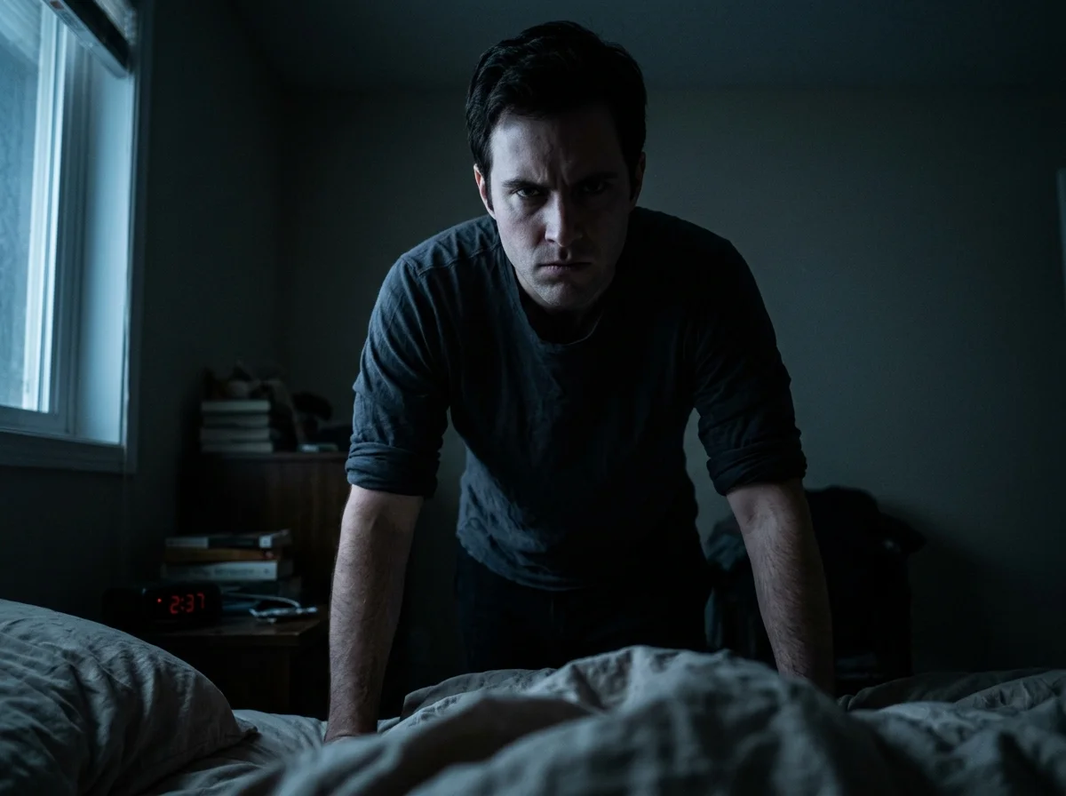 A man standing aggressively in a dimly lit bedroom, half his face in shadow