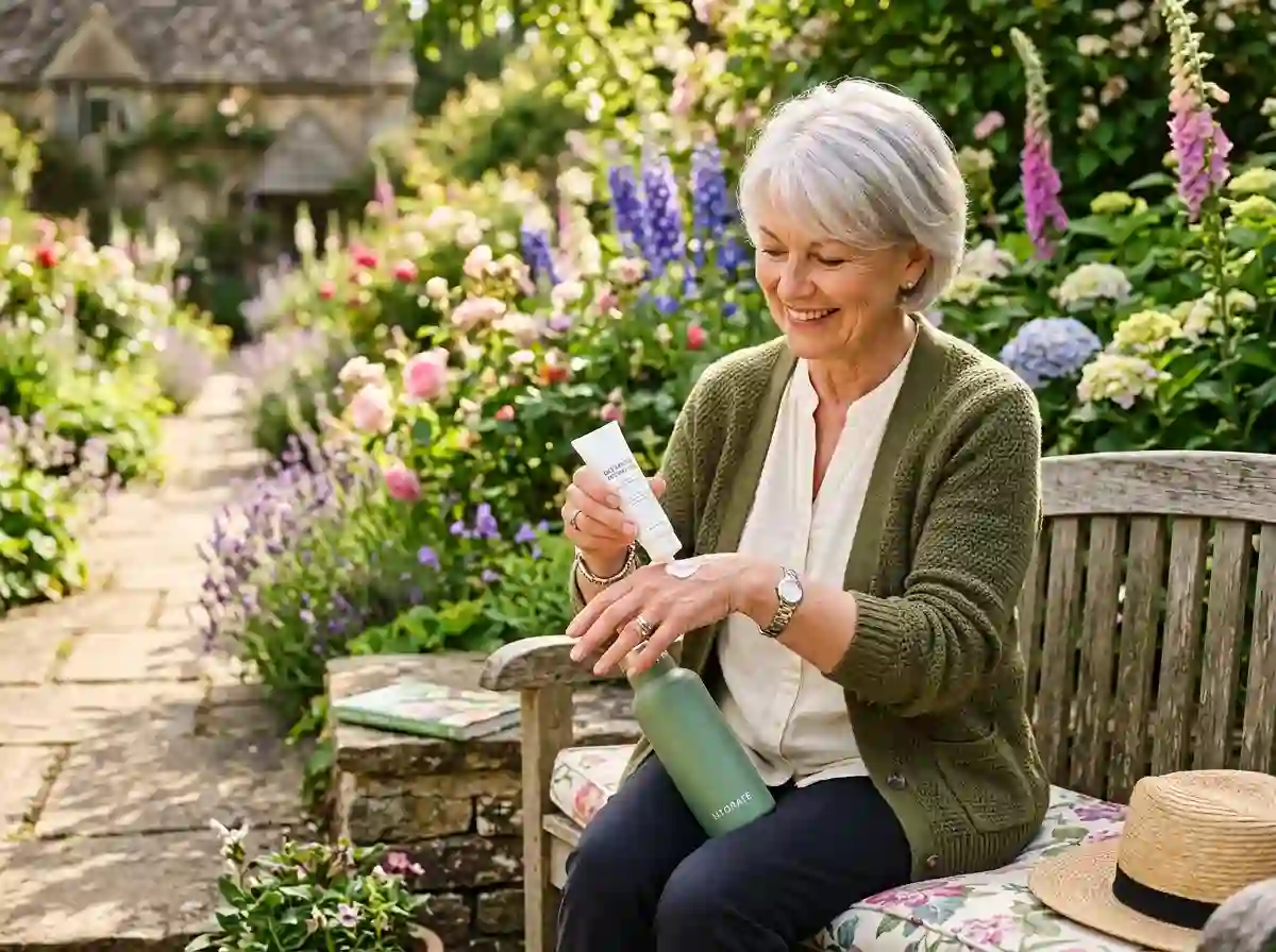 Evelyn holding a water bottle and applying moisturizer in her garden