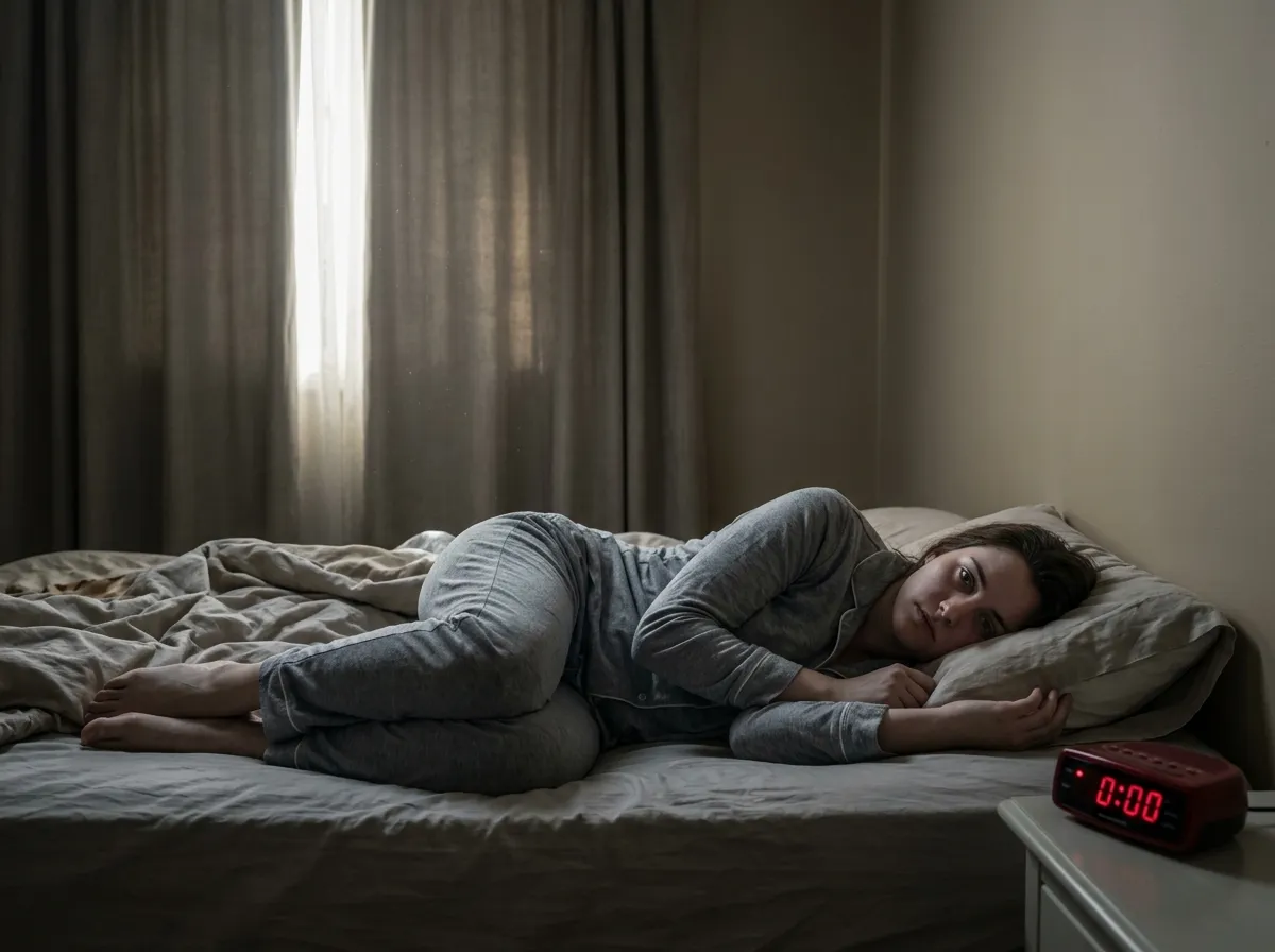 Person lying in bed looking exhausted while an alarm rings
