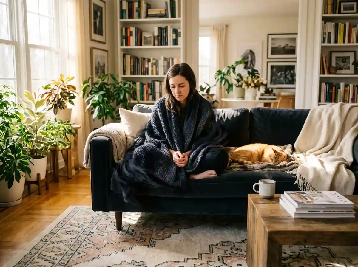 Person sitting on couch looking heavy with an invisible burden