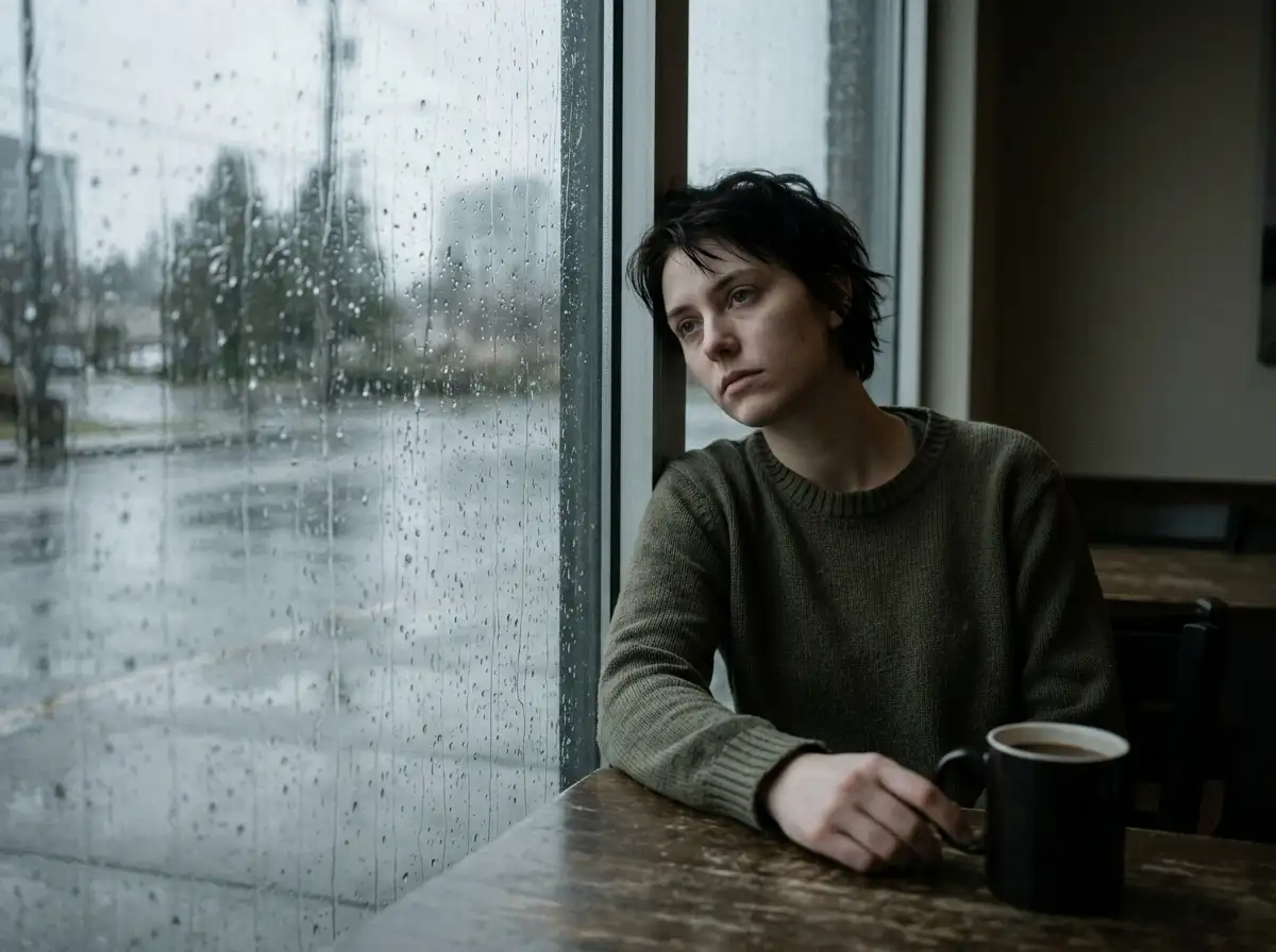 Person looking out a rainy window feeling empty and disconnected