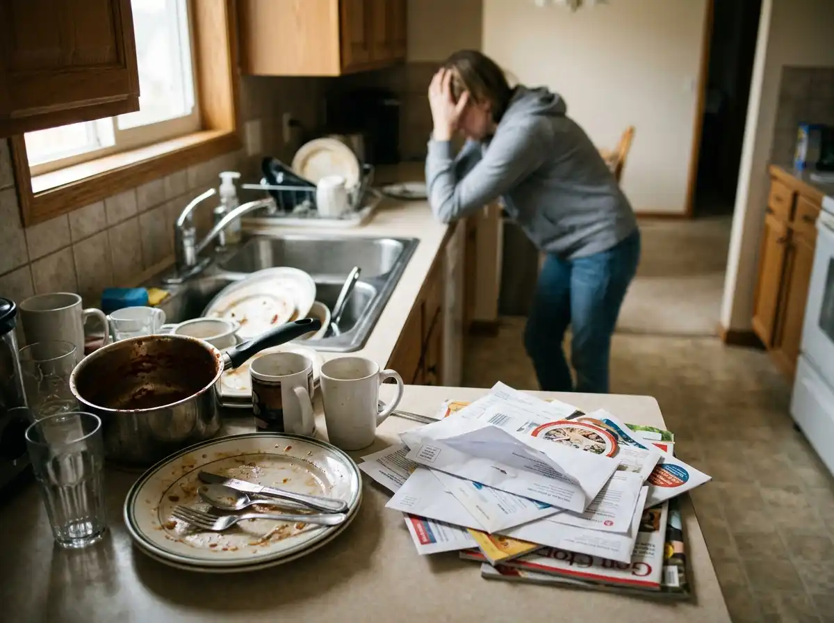 Kitchen counter full of dirty dishes causing overwhelm