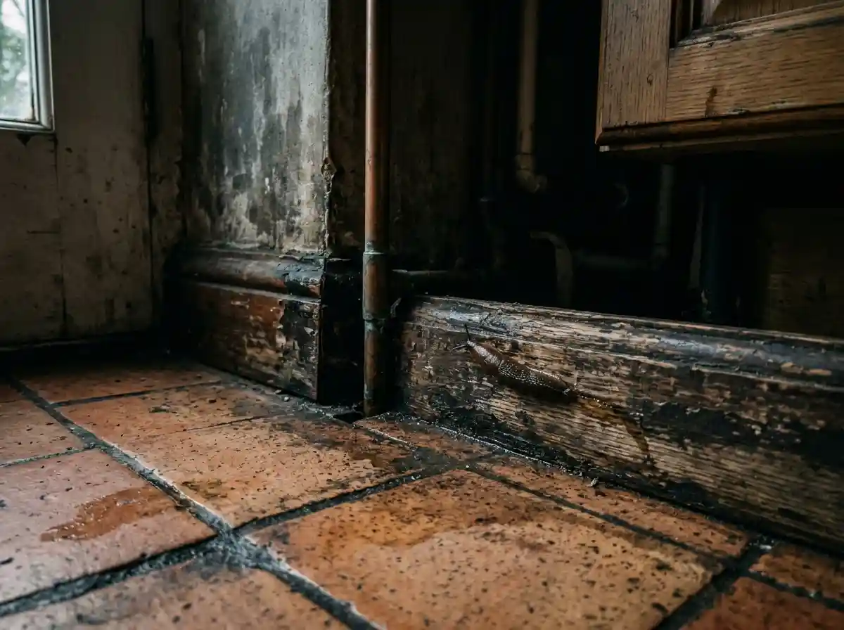 A small garden slug crawling near a damp baseboard indoors.