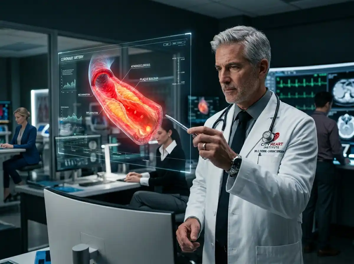 Heart surgeon pointing at a glowing 3D hologram of an inflamed blood vessel