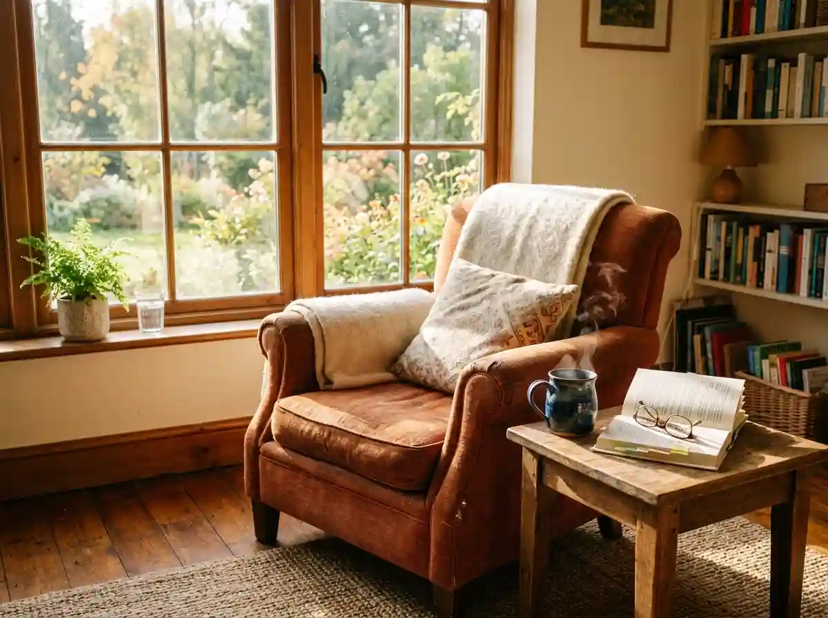 A single cozy reading chair bathed in warm sunlight by a window