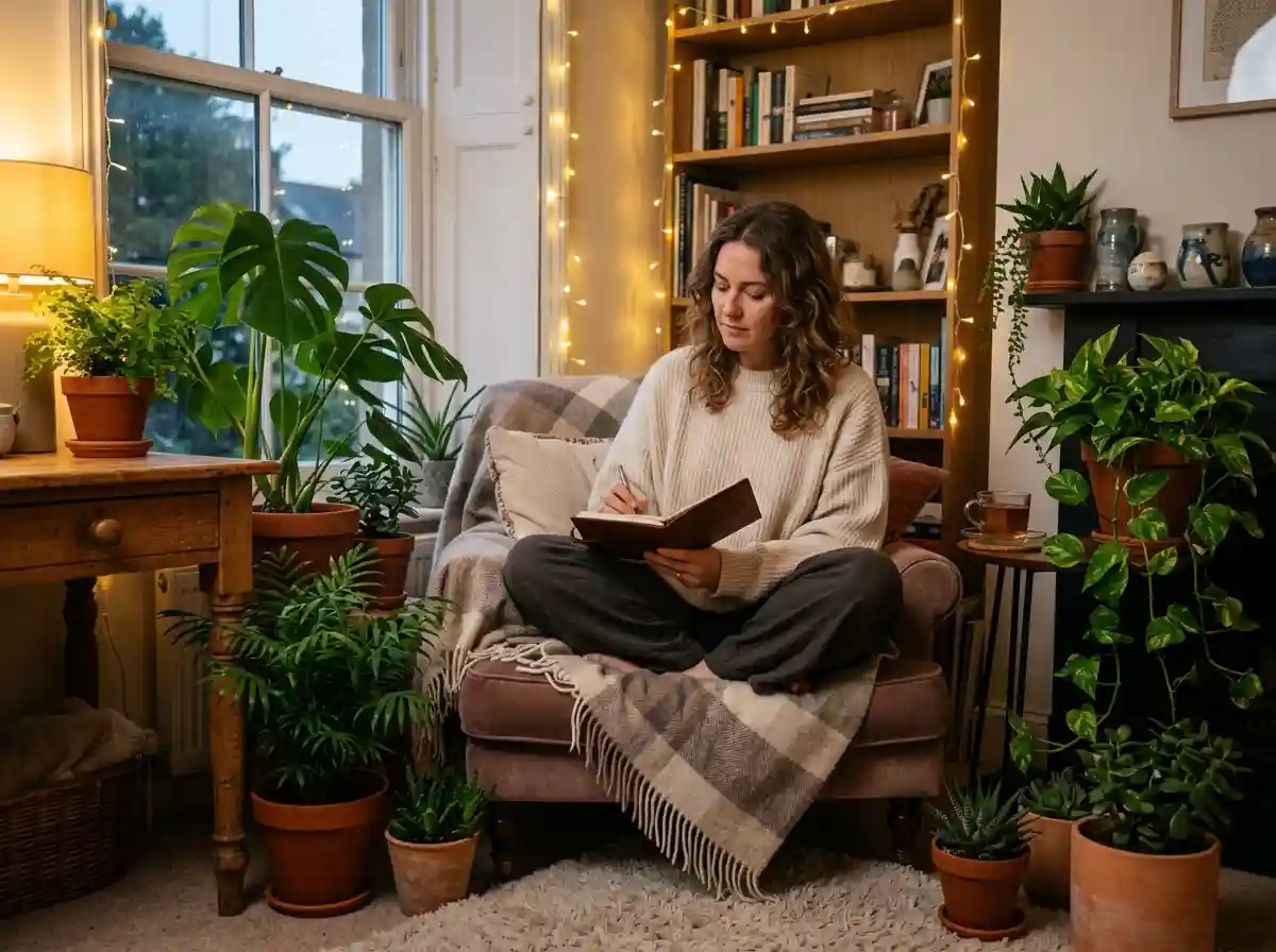 A thoughtful woman journaling in a cozy room, symbolizing intuition and empathy