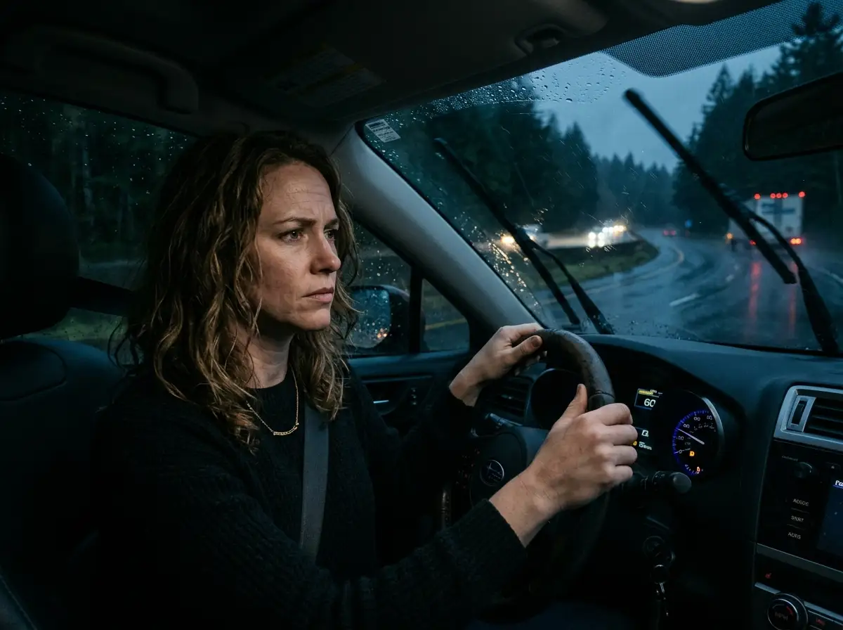 Isabelle gripping the steering wheel as she drives urgently down the highway