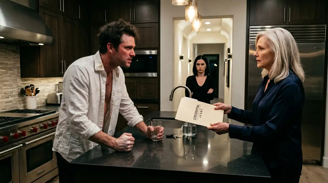 Angry man standing in a modern kitchen gripping a glass