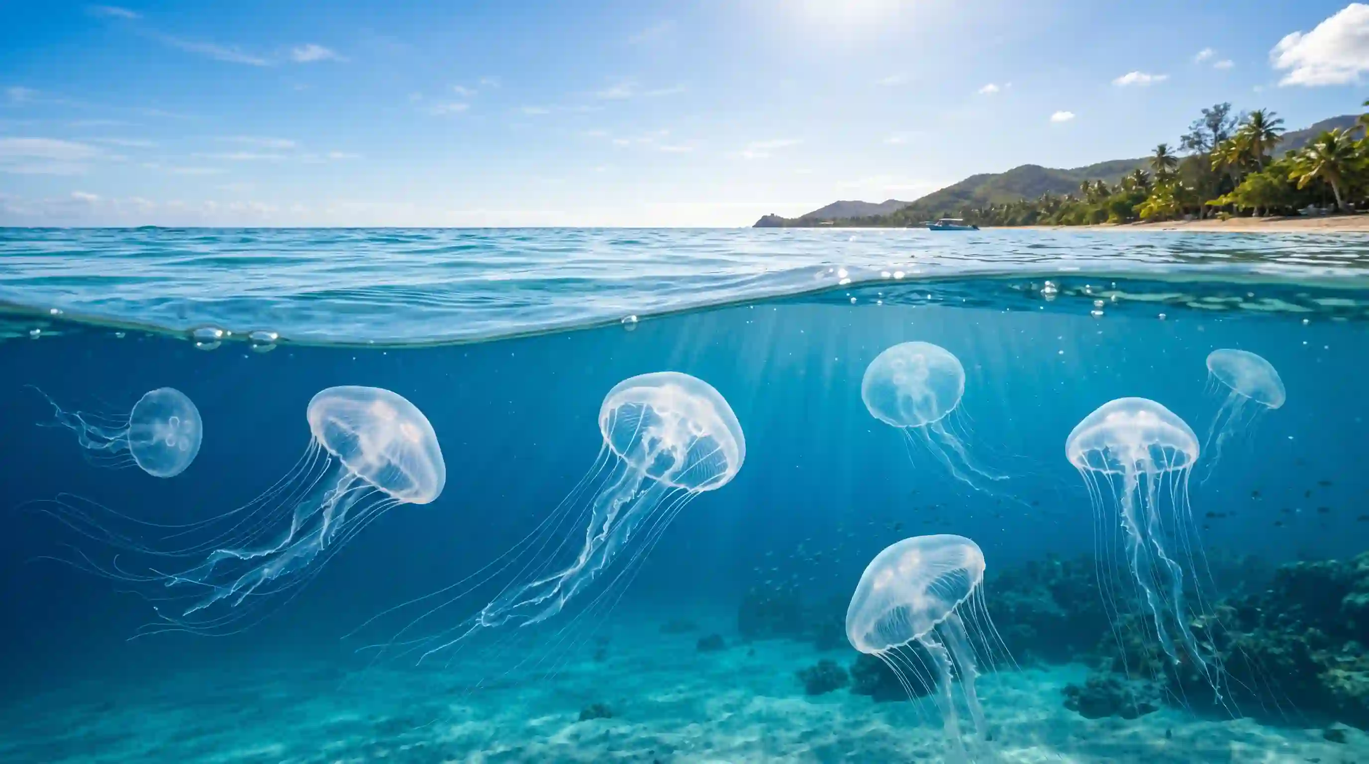 Jellyfish floating invisibly just beneath the calm ocean surface