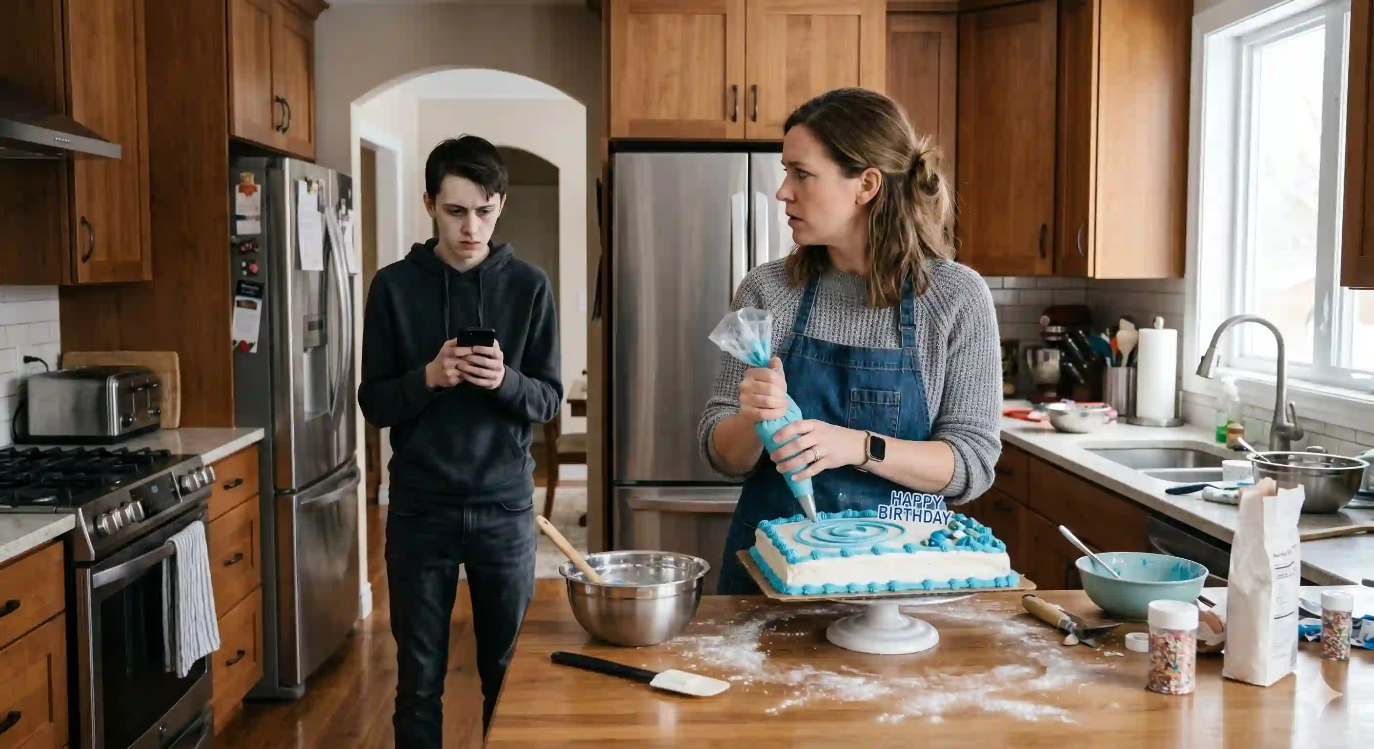 A mother pausing while decorating a cake as her son walks in looking pale and holding his phone
