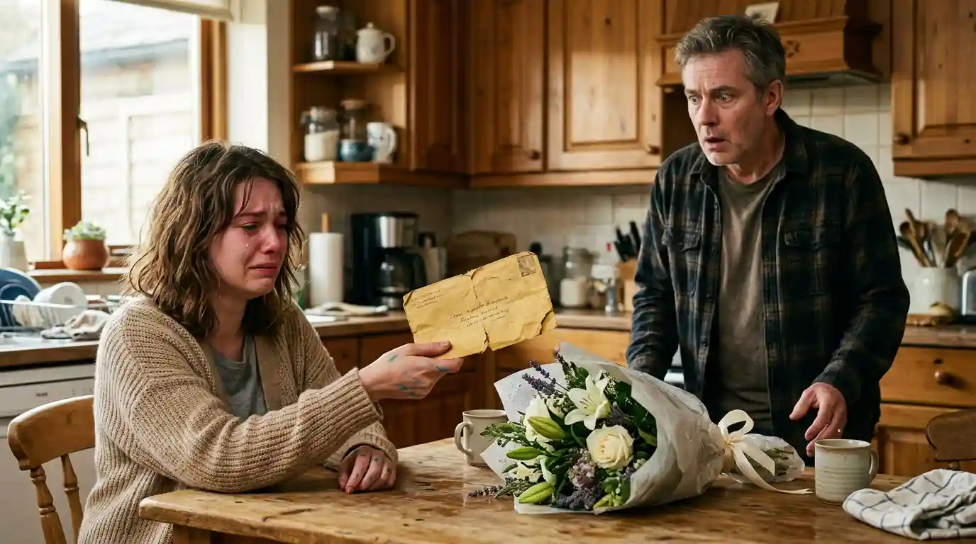A crying daughter holding an old envelope while her father stares in shock at the damp roses