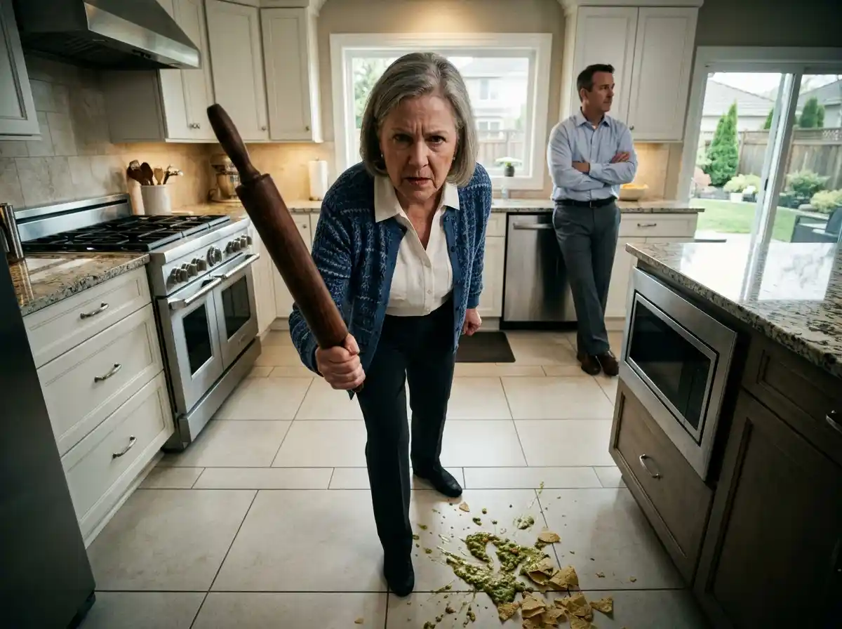 A tense confrontation in a kitchen with a woman holding a rolling pin