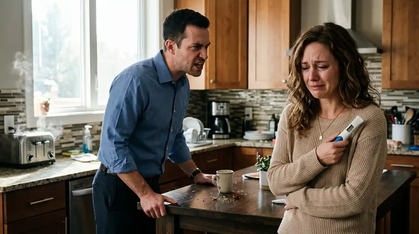 Maddie and Lucas arguing in the kitchen over the pregnancy test