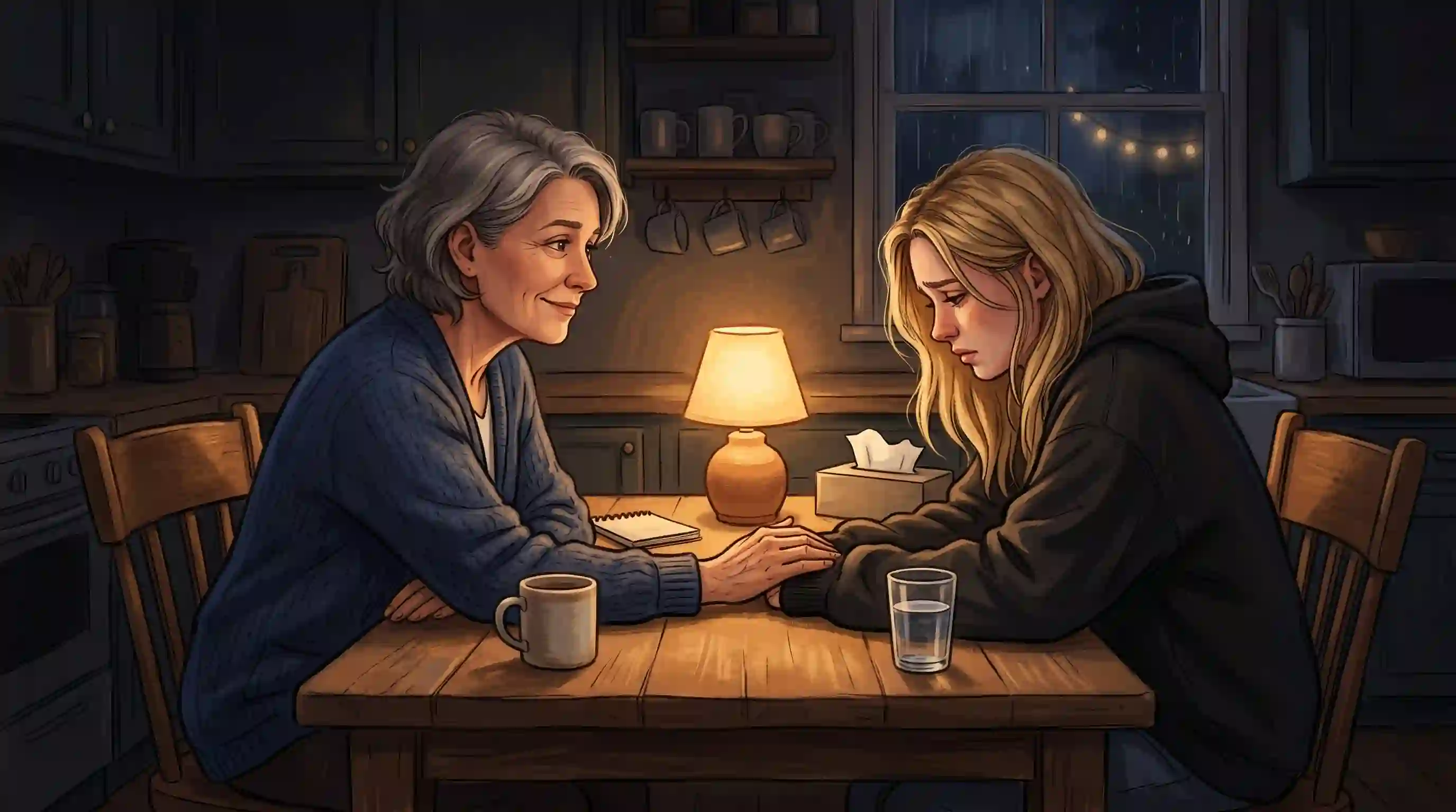 Mother and son's girlfriend having an emotional conversation at the kitchen table