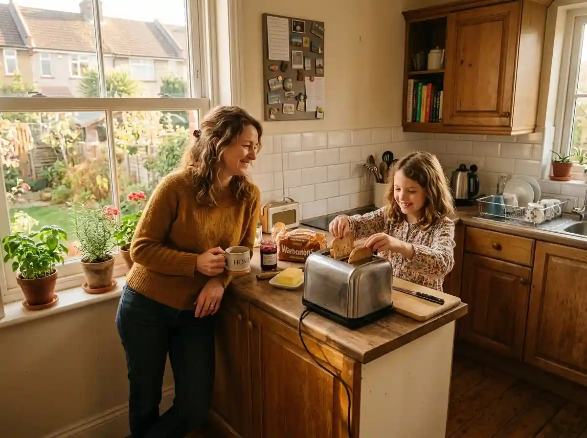 Isabelle and Sophie peacefully making toast in their sunlit kitchen