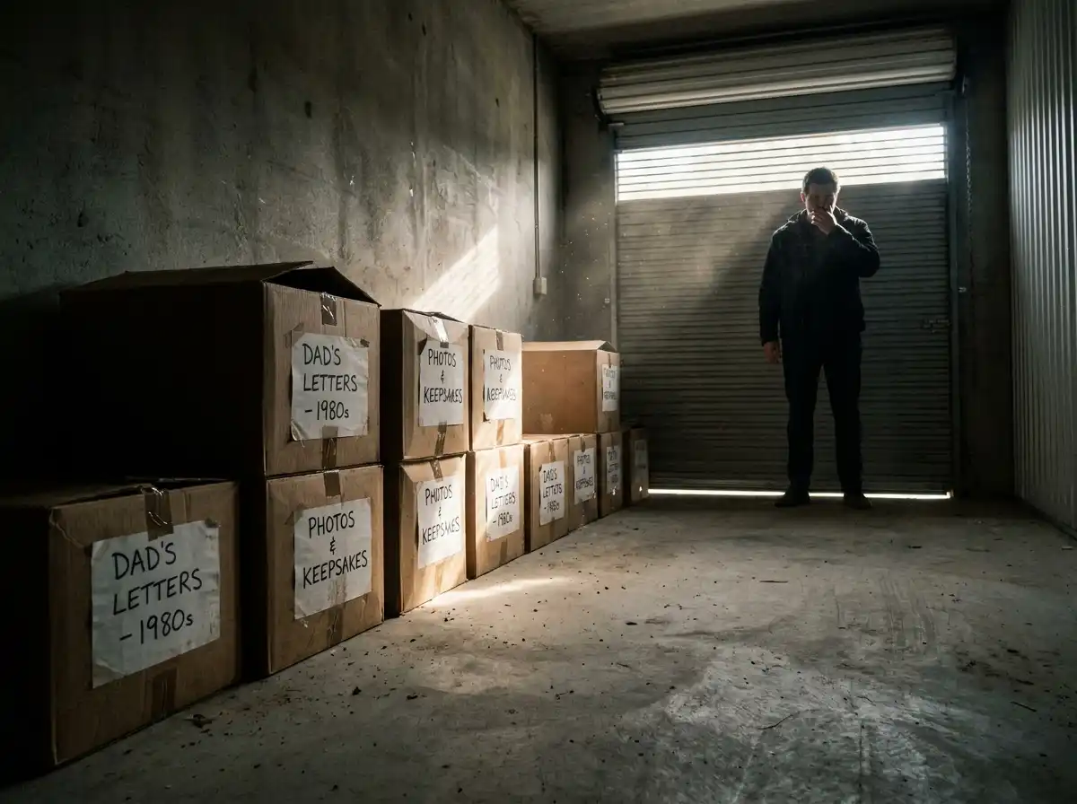 A dusty storage unit filled with meticulously labeled cardboard boxes stacked against the wall