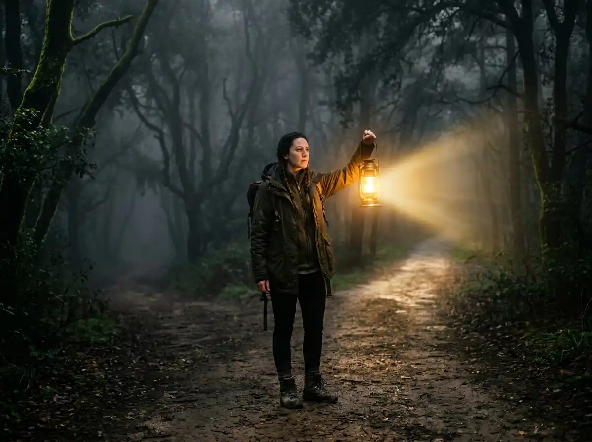 A person holding a glowing lantern illuminating a path through a foggy forest