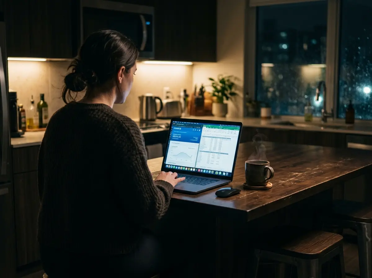 A laptop showing bank accounts in a quiet, dimly lit kitchen next to a cup of tea