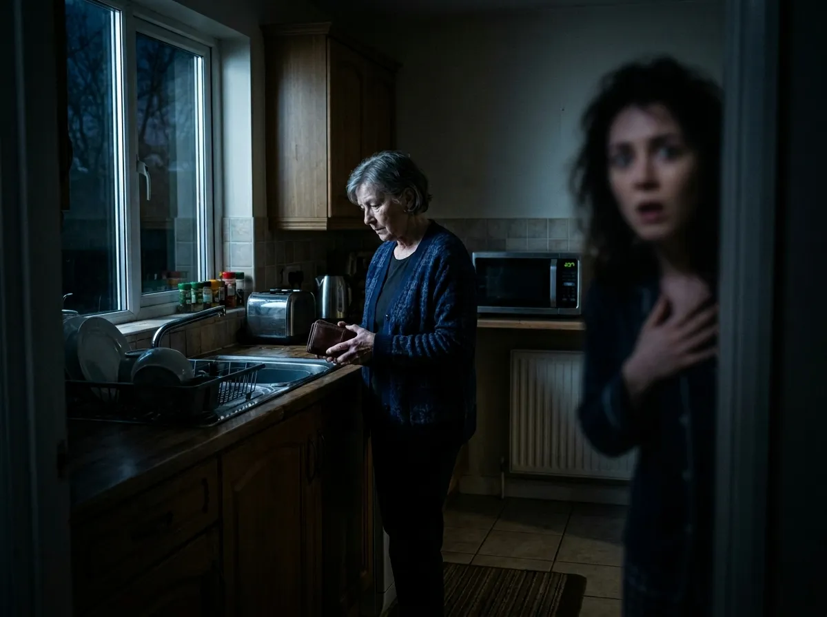 A woman catching her mother taking cash from a wallet in a dark kitchen