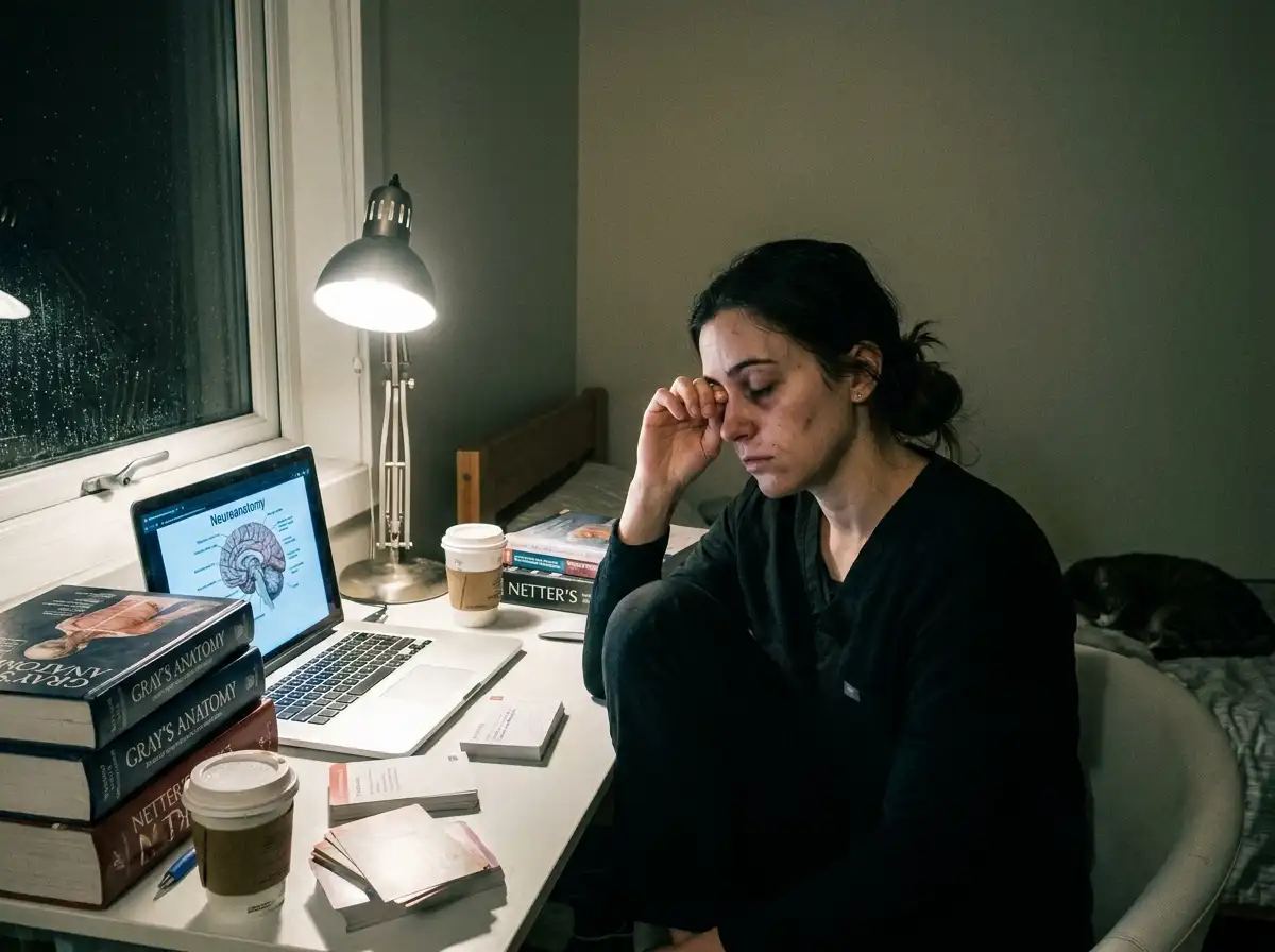 An exhausted medical student studying late at night surrounded by books
