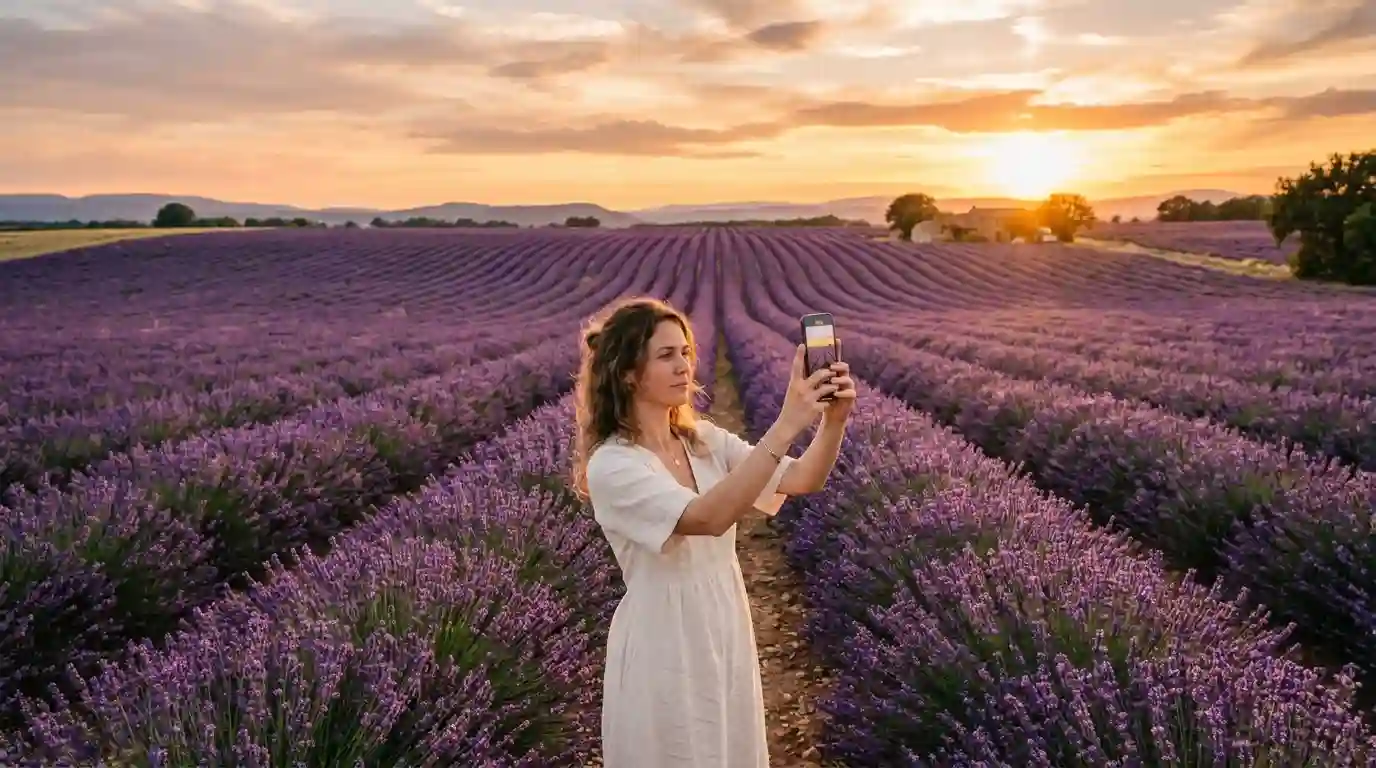 Sienna filming a viral video in her beautiful, blooming lavender fields at sunset