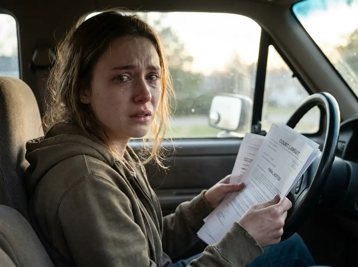 A young woman sitting in her car, trembling as she holds official lawsuit documents.